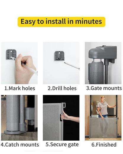 Retractable Baby Gate for Stairs – 33” Height, Expands up to 55” Width – Safety Gate for Infants, Toddlers, Dogs & Pets – Easy Install, Secure Closure, Gray Mesh Design for Indoor & Outdoor Use