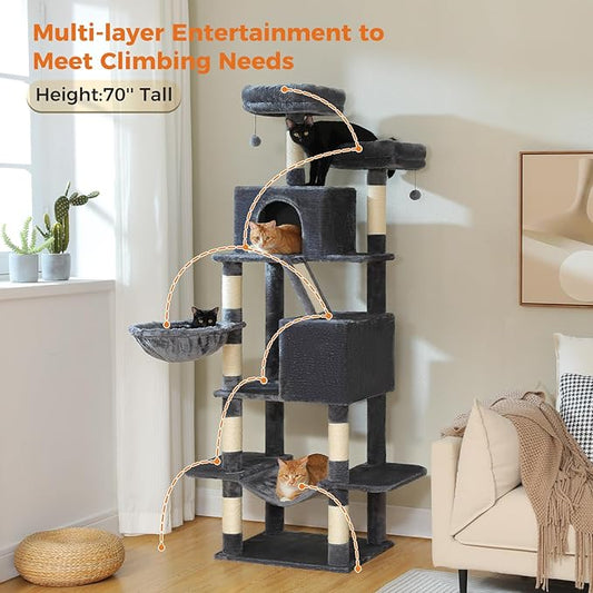 MUTTROS 70.8" Tall Cat Tree for Large Cats, Multi-Level Cat Tower with 8 Sisal Scratching Posts, 2 Top Perches, Big Condo, Large Hammock, and Cat Furniture for Indoor Cats, Dark Gray