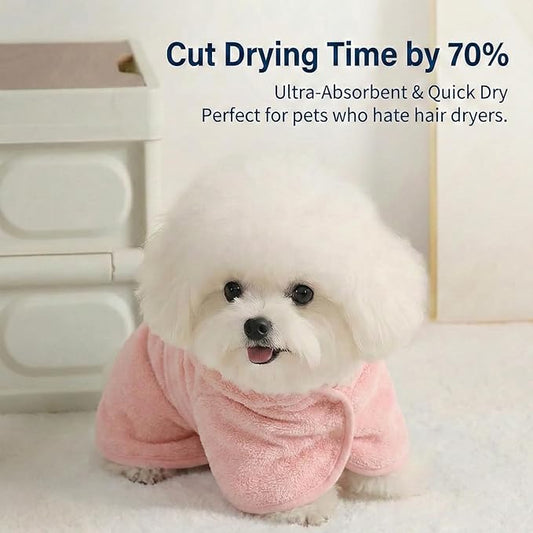 Dog Bathrobe Super Absorbent Towel for Small Dogs Cats Fast Drying Dog Robe Coat with Hood Puppy Cat Bath Towel Wrap Pet Grooming Supplies After Shower (Pink,S)