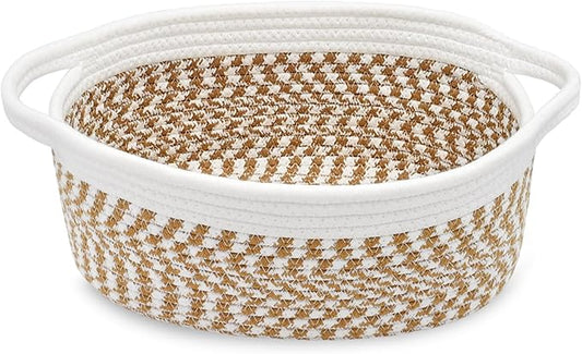 ABenkle Small Basket, 12"x 8" x 5" Cute Small Woven Basket, Rope Room Shelf Storage Basket, Cat Dog Toys Basket Chest Box, Decorative Empty Gift Basket with Handles