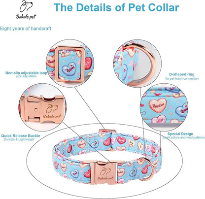 Valentines Dog Collar for Small Dogs - Cute Blue Heart Pattern Puppy Collar Sweet Valentine Adjustable Heavy Duty Pet Collar with Metal Buckle S