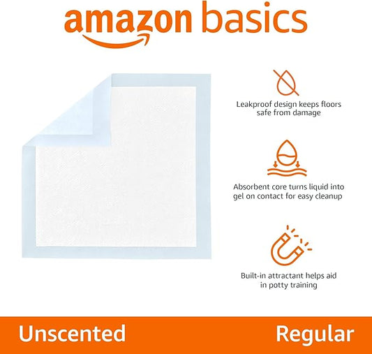 Amazon Basics Leak-Proof Dog and Puppy Potty Training Pee Pads with Quick-Dry 5-Layer Super Absorbent Design, Regular Size 22 x 22 inch, Blue & White, 100 Count