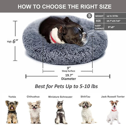 Small Calming Dogs Bed for Small Dogs Anti-Anxiety Machine Washable Fluffy Luxury Anti-Slip Waterproof Mute Base Warming Cozy Soft Pet Puppy Round Bed