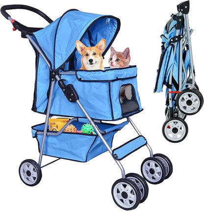 4 Wheels Pet Stroller for Dog and Cat Stroller, Lightweight and Foldable Carrier Strolling Cart W/Cup Holders Removable Liner for Small and Medium Dog Cat - Blue