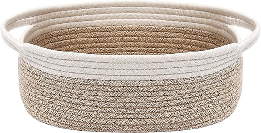 Woven Basket,Small Rope Storage Bin with Handles & Ribbon Bag, Organizer for Shelves Closets,Gift Basket Empty for Birthday,Books,Dog Toys, White&Oatmeal