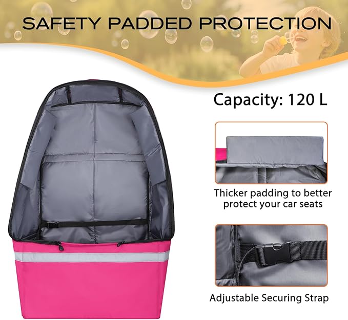 LARIPOP Car Seat Travel Bag for Airplane Gate Check Approved, Padded Backpack with Adjustable Straps, Reflective Strips & Protective Feet for Infant Convertible Booster Seats, Pink