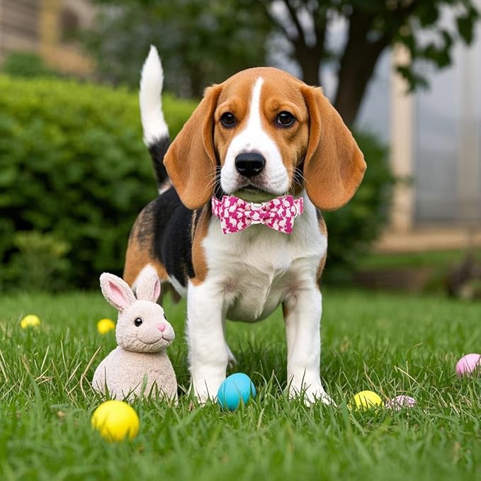 Maca Bates Easter Day Rabbit Dog Collar with Fancy Bow Tie for Medium Girl Boy Dogs, Pink Bunny Pattern,Adjustable Durable Soft Breakaway Collars for Male Female Puppy