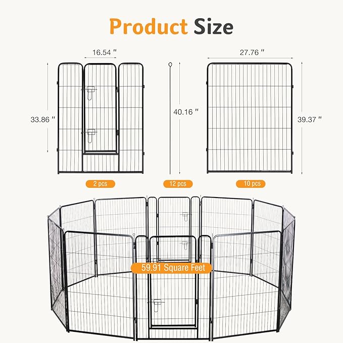NEWBULIG Dog Playpen for Indoor 40 Inch 12 Panels - Portable Heavy Duty Metal Pet Exercise Pen with Door, Foldable Small Medium Large Dog Puppy Playpen Fence for Outdoor RV, Camping, Yard, Garden