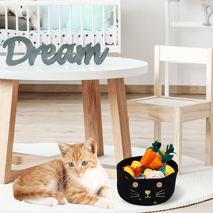Zopeal Cat Basket Storage Woven Organizer with Ears Easter Decorative Pet Toy Cute Cotton Rope Basket for Gift Cat Dog Toy Bin Nursery Room(8.3 x 4.7 Inch,Black)