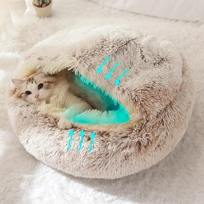 Cat Bed Round Fluffy Hooded Cat Bed Cave, Anti-Anxiety Cave Bed with Hooded Blanket, Cozy Cuddler Luxury Puppy Pet Bed, Anti-Slip Bottom and Machine Washable (Khaki, Large)
