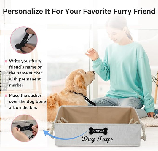 Geyecete Large Dog Toys Storage Bins-Foldable Fabric Trapezoid Organizer Boxes with Cotton Handle,Can be Personalized,Collapsible Basket(Beige-Dog)