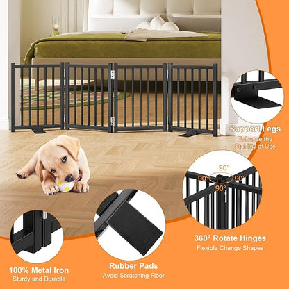 Snughome Short Dog Gate Indoor, 16" High Freestanding Small Dog Door Gates with Support Feet, Expands Up to 48’’ Wide Foldable Pet Gate for Doorway, 4 Panel Folding Pet Door Pet Fence for Puppy, Black