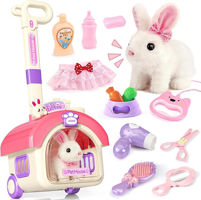 23Pcs Hopping Bunny Toy Set for Kids, Easter Interactive Electric Walking Rabbit with Rolling Carrier House, Pretend Play Pet Care Grooming & Feeding Kit, Stuffed Animal Gift for Toddlers 3-5