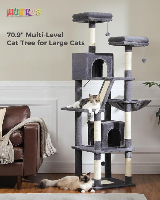 MUTTROS Cat Tree, 70.9-inch Large Cat Tower with 2 Condos, 2 Top Perches, Hammock & 6 Scratching Posts for Indoor Cats, Dark Gray