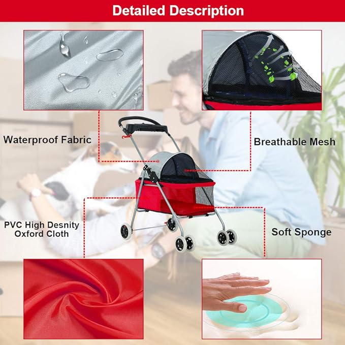 BestPet Pet Stroller 4 Wheels Posh Folding Waterproof Portable Travel Cat Dog Stroller with Cup Holder (Red)