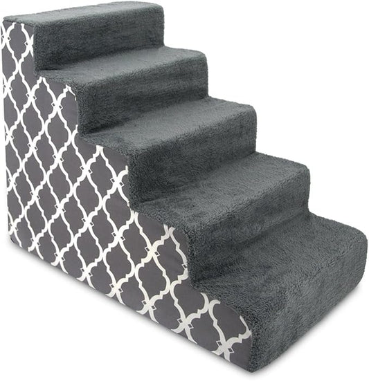 Best Pet Supplies Dog Stairs & Steps - Foam Steps for Small Dogs & Cats, Non-Slip Indoor Balanced Pet Step Support, Dog Ramp, No Assembly, Gray Lattice Print, 5-Step
