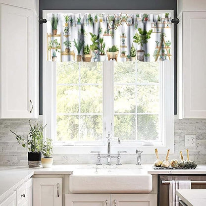 Bohemian Flower Window Valance Curtains, Colorful Succulent Plants Watercolor Boho Floral Green House Plant Potted Flower Valance Curtain for Farmhouse Bedroom Living Room Kitchen 54x18inch
