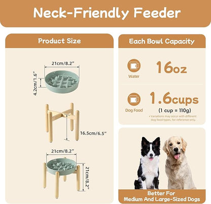 Ceramic 1.6 Cup Dog Raised Slow Feeder Set, Elevated Bowl with Wooden Stand for Medium and Large Dog, 8.2inch Slow Feeder Dish for Fast Easters, Anti-Gulping(Light Green, Single Bowl+ Stand)
