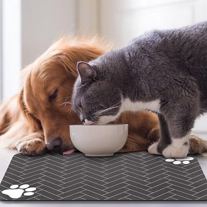 Dog Food Mats,Cat Absorbent Water Bowl Feeding Mats Pet Placemats for Food and Water Gray Wood 12 * 20 inch