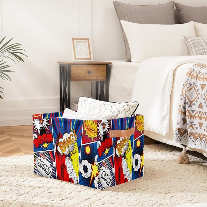 Rectangle Storage Basket with Handles, Cube Organizer Bins for Shelves Collapsible Toys Storage Box Clothes Baskets for Nursery Home Kids Room(Comics)