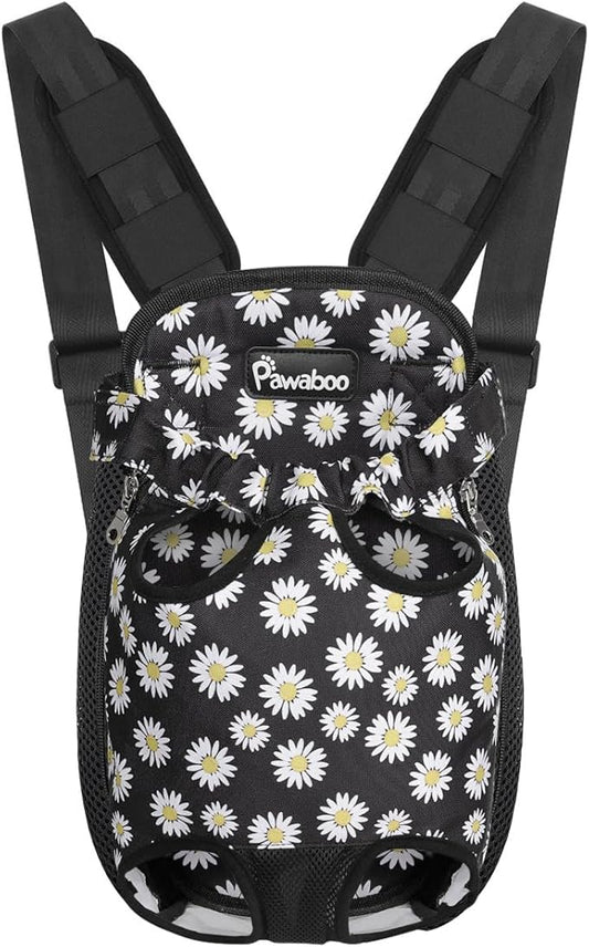 Pawaboo Pet Carrier Backpack, Adjustable Pet Front Cat Dog Carrier Backpack Travel Bag, Legs Out, Easy-Fit for Traveling Hiking Camping for Small Medium Dogs, Large Size, Black Daisy