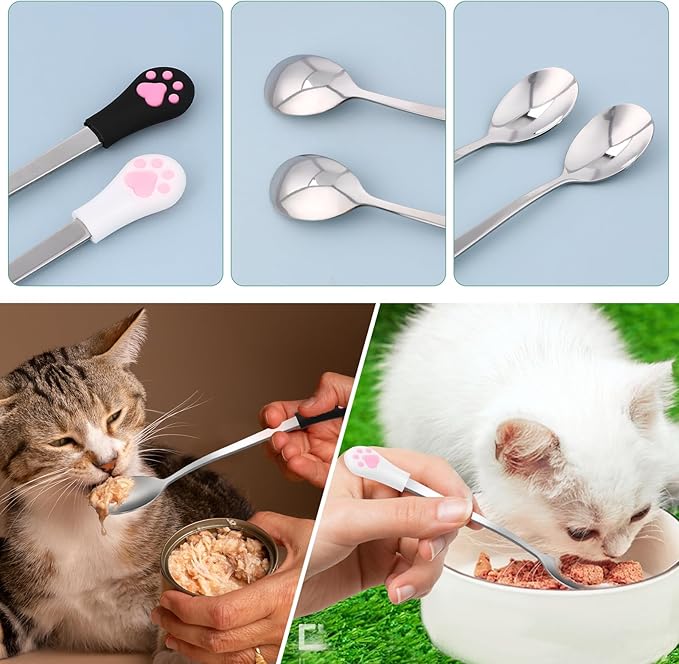 4 Pcs Stainless Steel Dog Cat Spoon Cat Claw Spoon for Wet Food Long Handle Cats Food Scoop Cute Pet Can Spoons Pet Feeder Spoons for Dog and Cats Foods Can (White and Black)