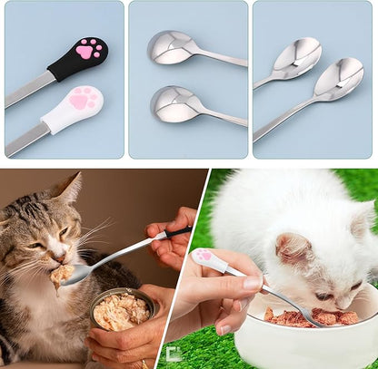 4 Pcs Stainless Steel Dog Cat Spoon Cat Claw Spoon for Wet Food Long Handle Cats Food Scoop Cute Pet Can Spoons Pet Feeder Spoons for Dog and Cats Foods Can (White and Black)