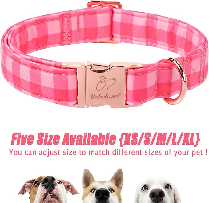 Pink Checkerboard Dog Collar, Classic Girly Plaid Dog Collars, Adjustable Heavy Duty Girl Dogs Collar for Small Medium Large Dogs with Metal Buckle L