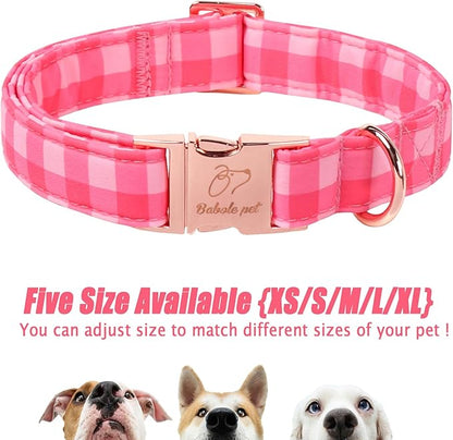 Pink Checkerboard Dog Collar, Classic Girly Plaid Dog Collars, Adjustable Heavy Duty Girl Dogs Collar for Small Medium Large Dogs with Metal Buckle L