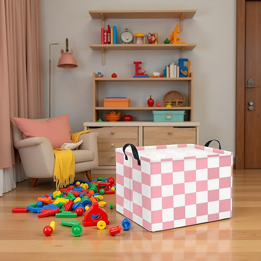 HIYAGON Rectangular Baby Girl Basket Fabric Storage Basket Storage Bin Organizer Box Room Decor(Pink Checkered)