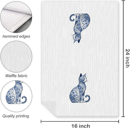Blue and White Chinoiserie Floral Cat Kitchen Towel, Vintage Floral Cat Hand Towel Dish Towel, Kitten Women Mom Lady Gifts, 16x24 Inch