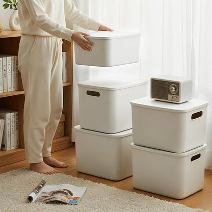 ANMINY 5PCS Plastic Storage Bins Containers with Lids, Large Storage Organization Bins Boxes, Lidded Plastic Storage Baskets for Closet Shelves Desktop, White Lids, 2M + 3S