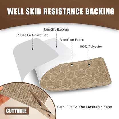 15 Pack 8 "X 30" Non-Slip Carpet Stair Treads for Indoor Wooden Steps, Made of Polyester and Reusable Adhesive, Suitable for Kids Elders and Pets（Beige Hexagon）