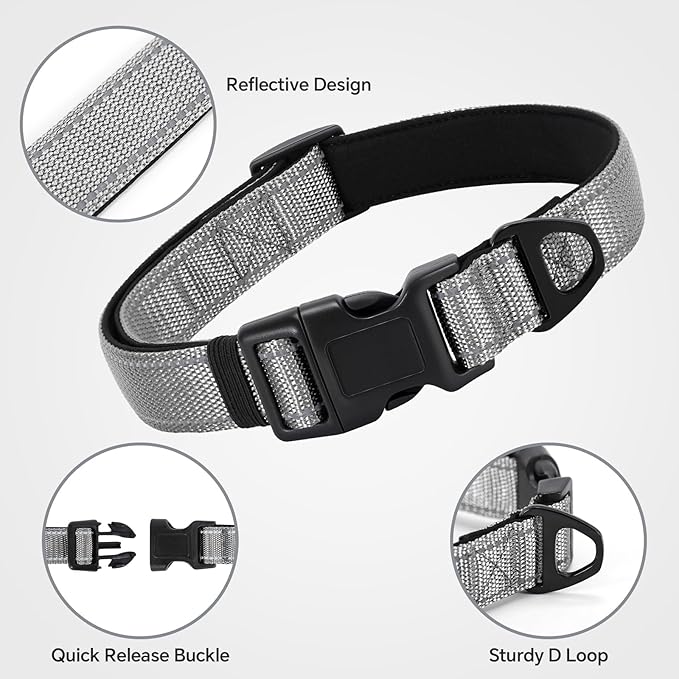 Reflective Dog Collar with Quick Release Buckle - Metal Ring - Adjustable Soft Neoprene Padded Basic Dog Collar for Small Medium Large Dogs (LightGray, Medium :Width 1",Neck 13.8-19.6")