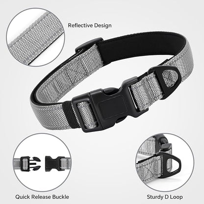Reflective Dog Collar with Quick Release Buckle - Metal Ring - Adjustable Soft Neoprene Padded Basic Dog Collar for Small Medium Large Dogs (LightGray, Medium :Width 1",Neck 13.8-19.6")
