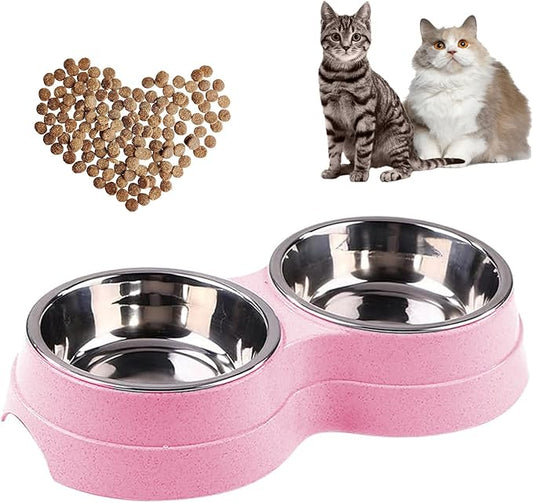 Double Cat Food Bowl -Stainless Steel Bowls with Easy-to-Clean Detachable Design, Non-Slip Base, Pet Feeder for Kittens and Medium Cats (Pink)