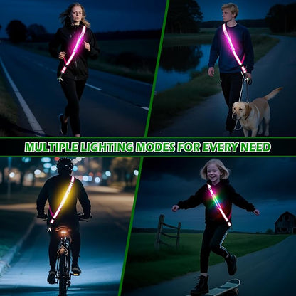LED Reflective Belt Sash, Rechargeable LED Light Night Safety Walking Gear, High Visibility Adjustable Reflective Gear for Runners Walkers Cyclists at Night (Pink)
