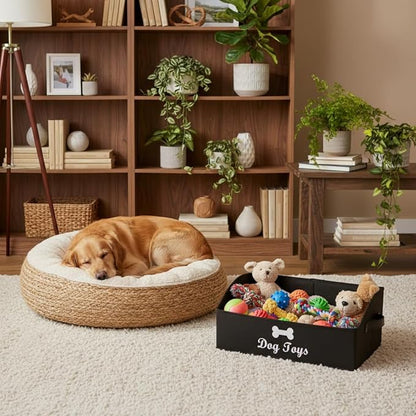 Morezi Linen-cotton blend dog toy basket and dog toy box, dog toy basket storage - Perfect for organizing pet toys, blankets, leashes, chew toys - Black - Dog
