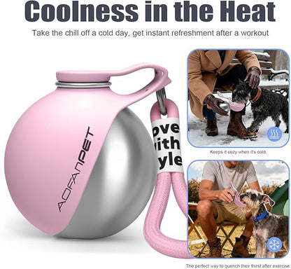 Portable Dog Water Bottle 10oz Stainless Steel Travel Dog Water Dispenser with Bowl No-Spill Puppy Water Bottle for Walking Hiking Small Dog Water Bottle, Includes Waste Bag Holder