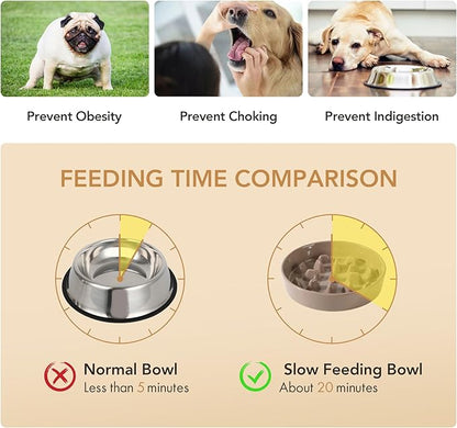 Ceramic 3.2 Cup Raised Slow Feeder Dog Bowl Set, Elevated 8.2inch Bowl and 9.5inch Slow Pet Food Dish with Wooden Stand for Large Dog (2 x Brown Coffee+ Stand)