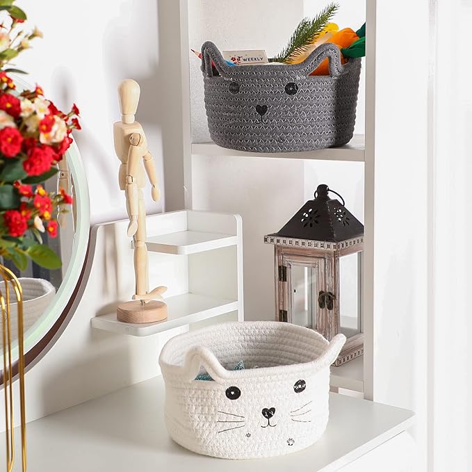 Zopeal Cat Basket Storage Woven Organizer with Ears Easter Decorative Pet Toy Cute Cotton Rope Basket for Gift Cat Dog Toy Bin Nursery Room(8.3 x 4.7 Inch,Gray)