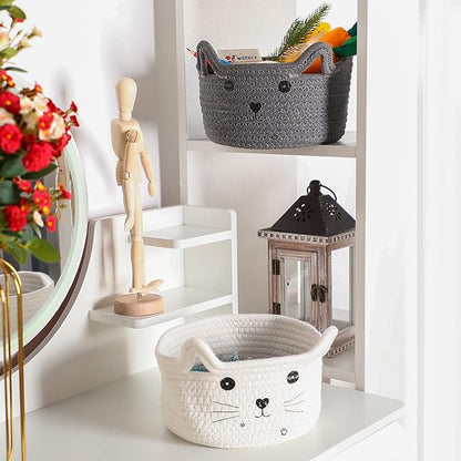 Zopeal Cat Basket Storage Woven Organizer with Ears Easter Decorative Pet Toy Cute Cotton Rope Basket for Gift Cat Dog Toy Bin Nursery Room(8.3 x 4.7 Inch,Gray)