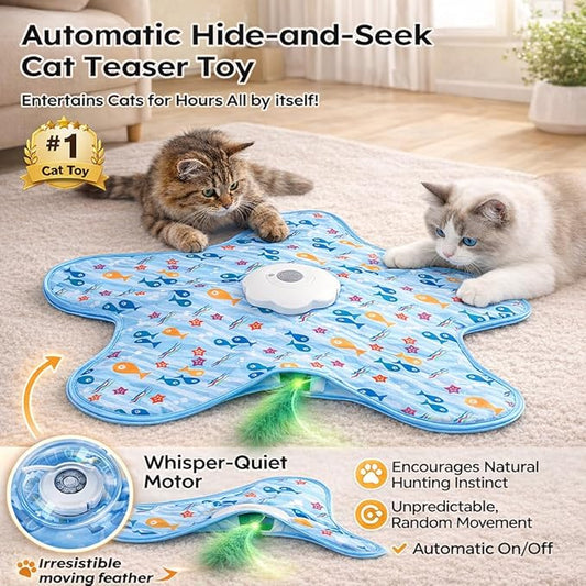 Rotating Interactive Cat Toys with Squeaker for Interactive Playing, Anxiety Relief Boredom Rechargeable Automatic Moving Concealed Feathers Toys Touch Activated for Indoor Adult Cats and Kittens