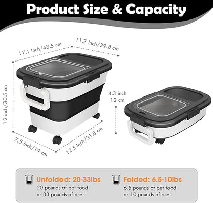 Dog Food Storage Container, 20Lbs Large Collapsible Pet Cat Food Container with Airtight Lids Wheels Handle Scoop Measuring Cup Small Container, Rice Kitchen Dry Food Storage Dispenser Bin (Black)