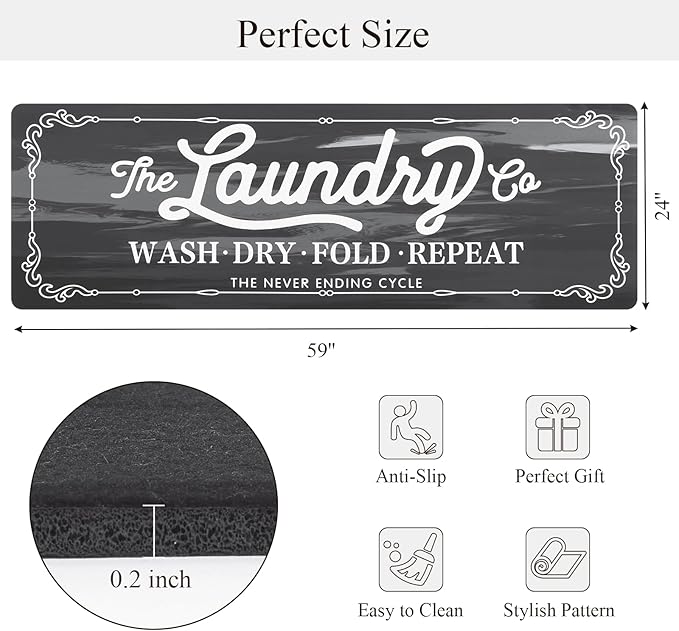Pauwer Laundry Room Rug Runner 24"x60" Waterproof Rubber Laundry Mat Non Slip Kitchen Mats for Floor Washable Floor Mat Runner Rug for Farmhouse Mudroom Washroom Bathroom Decor