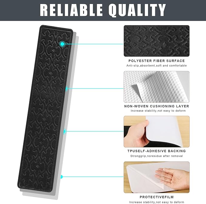4Pcs Stair Treads for Wooden Steps Indoor with Self Adhesive, 8"x30" Non Slip Stair Runners-Peel & Stick Indoor Stair Carpet Runner, Resistant Indoor Runner for Kids、Elders and Pets,Black