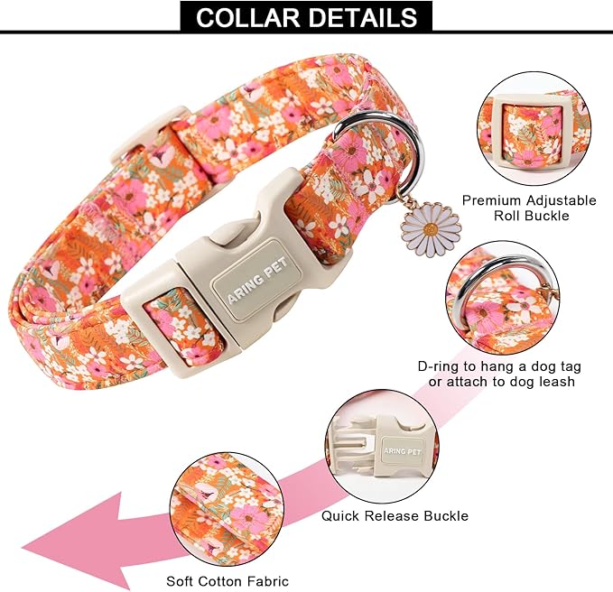 ARING PET Spring Summer Dog Collar, Cute Daisy Wildflower Floral Blossom Pet Collars for Small Medium Large Girl Dogs-L Size