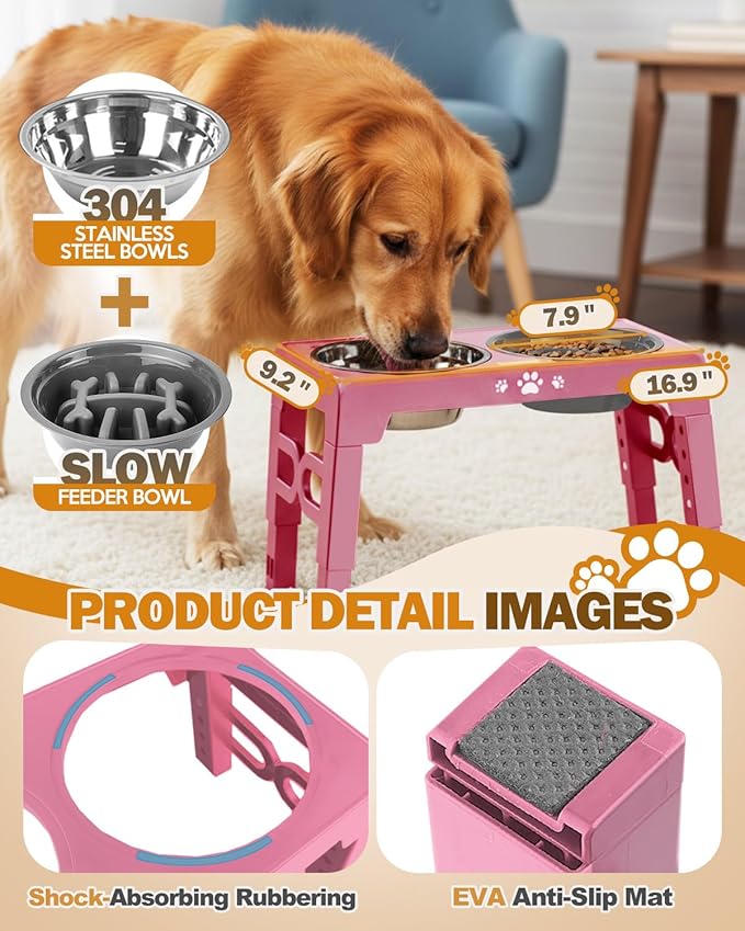 Elevated Dog Bowls, Non-Slip Dog Feeder with 1*Stainless Steel Dishes & 1*Slow Feeder Bowl, 5 Heights Adjustable Raised Bowls for 3.15″-8.66″-9.84″-11.02″-12.2″