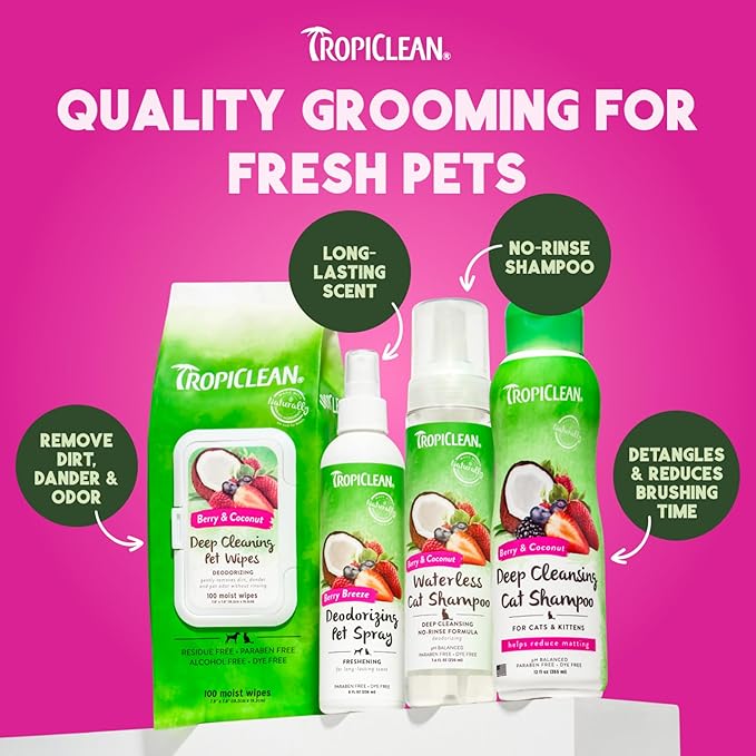 TropiClean Deep Cleaning Pet Wipes, 100ct - Wipes for Dogs & Cats - Gently Removes Dirt, Dander & Smells - for Pet Paws, Face, Body & Bottom - Sweet Berry & Coconut Scent
