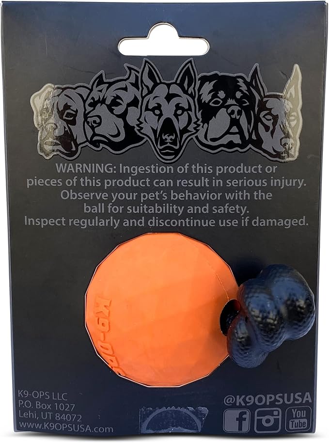 K9 Ops Dog Ball on a Rope Moki Tug Toy - Solid Rubber Fetch Training Reward - Large Dogs Durable Indestructible Chewers Pitbull Dobermann Rottweiler Shepherd (Tiger Orange - Black Rope)
